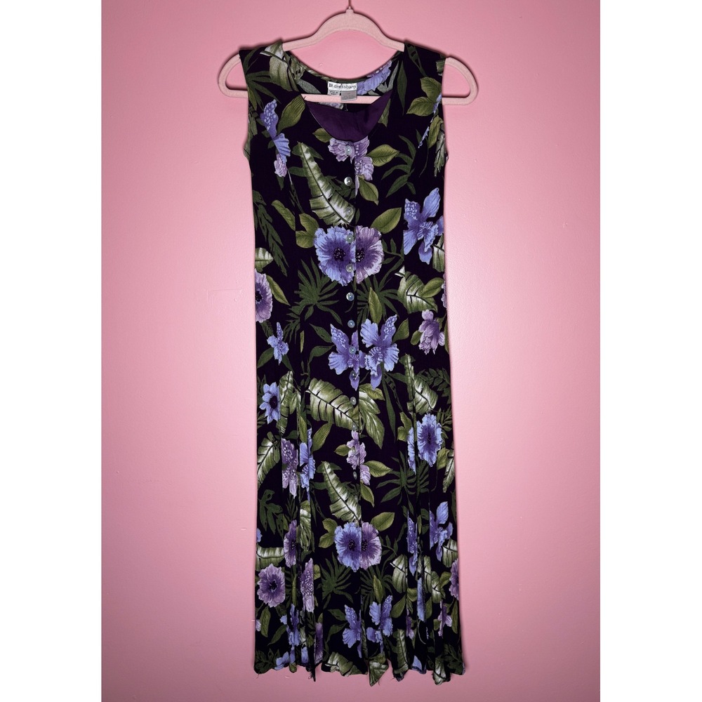Dressbarn Vintage 90's Floral Maxi Dress Purple Tropical Rayon Button Front